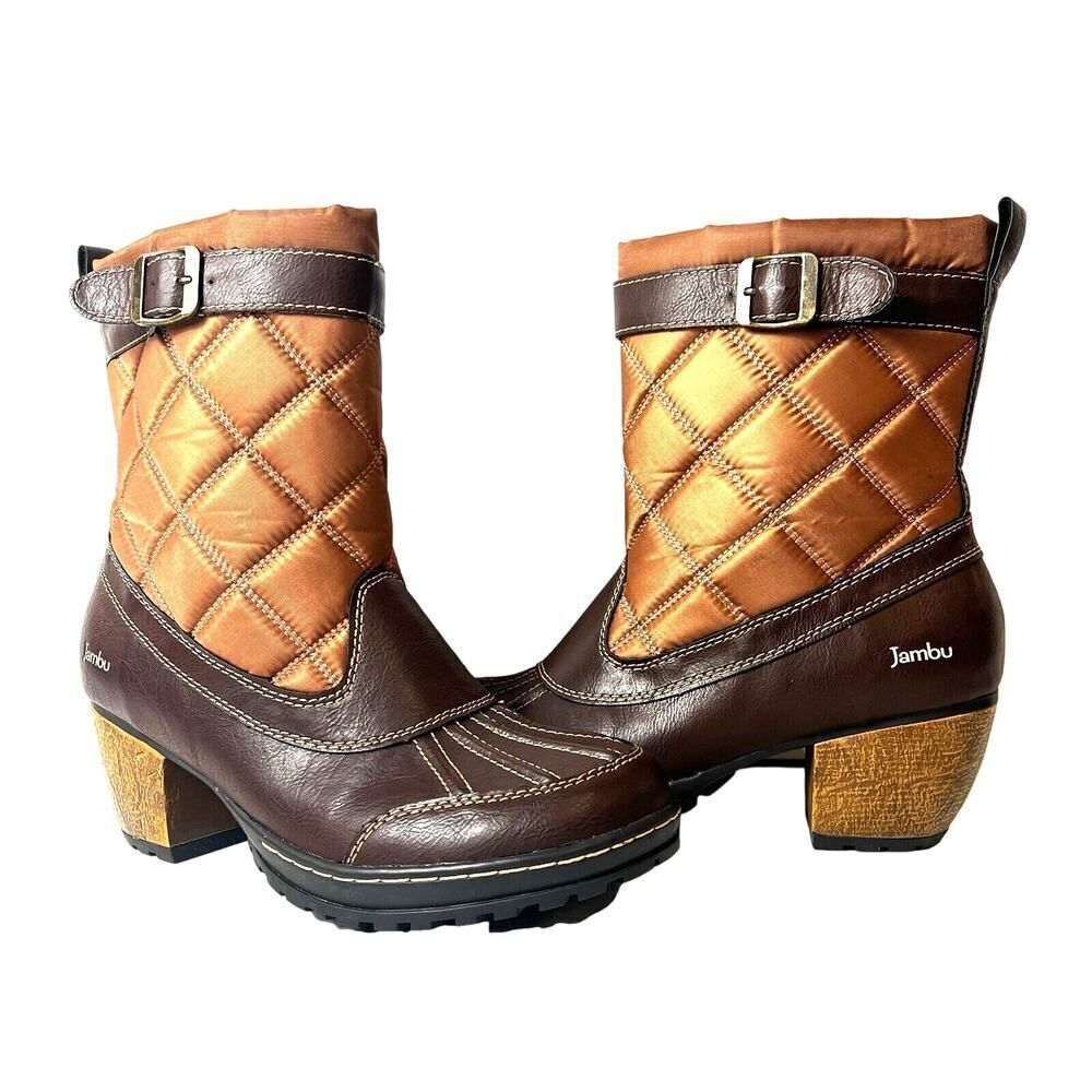 Jambu Mid Calf Boots Quilted Womens 9M Brown Vegan/Textile Zip Up Comfort Casual